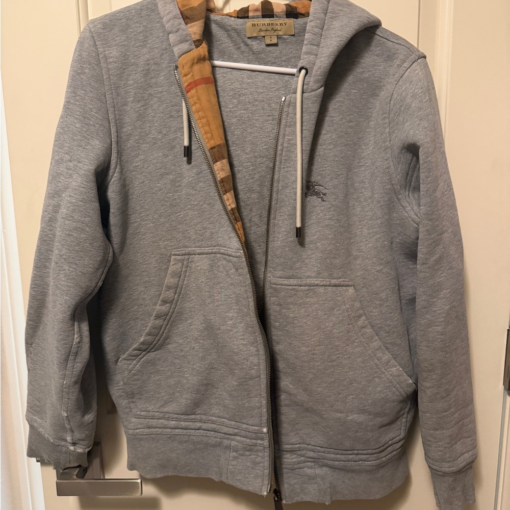 Burberry Gray Hoodie with Tan Plaid Accents